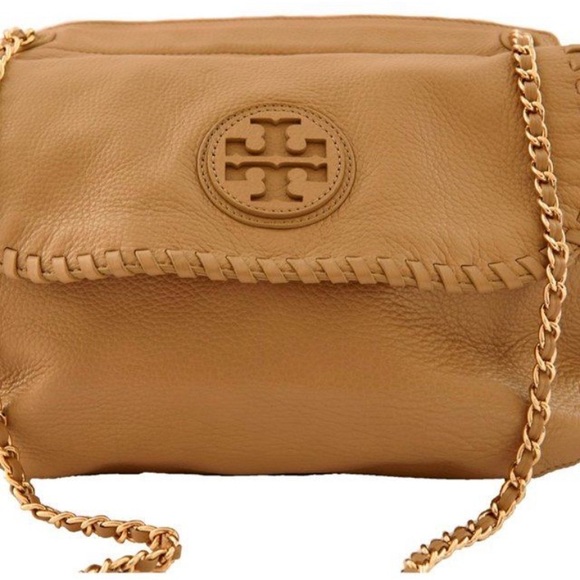 Tory Burch Authentic Leather Saddle Bag with gold-tone hardware, dual chain-link - Picture 2 of 12